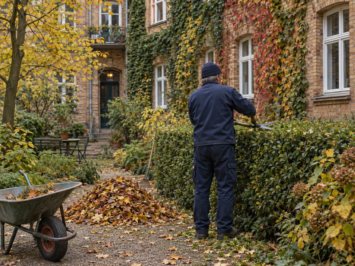 Gärtner in dunkelblauer Arbeitskleidung schneidet eine Hecke in einem Berliner Hinterhof