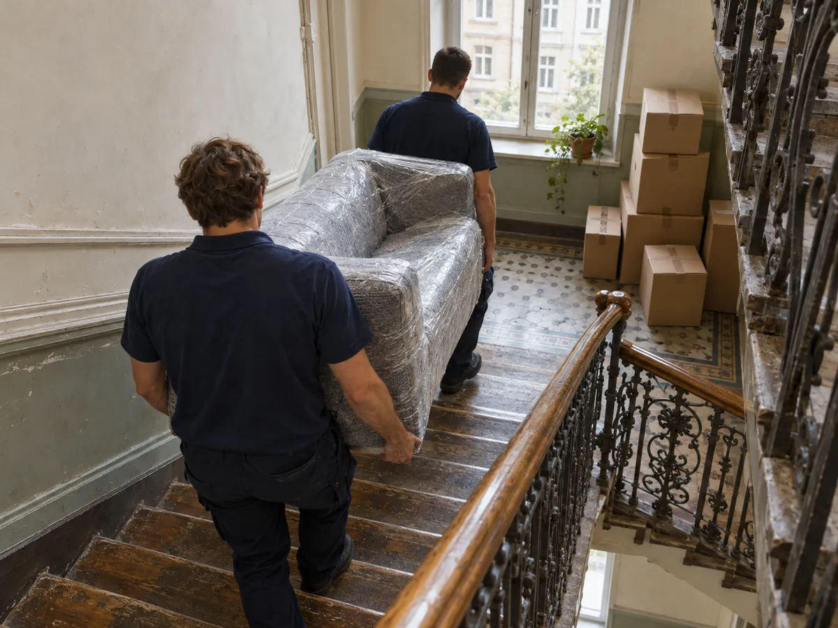 Zwei Mitarbeiter tragen ein verpacktes Sofa durch ein Berliner Altbau-Treppenhaus
